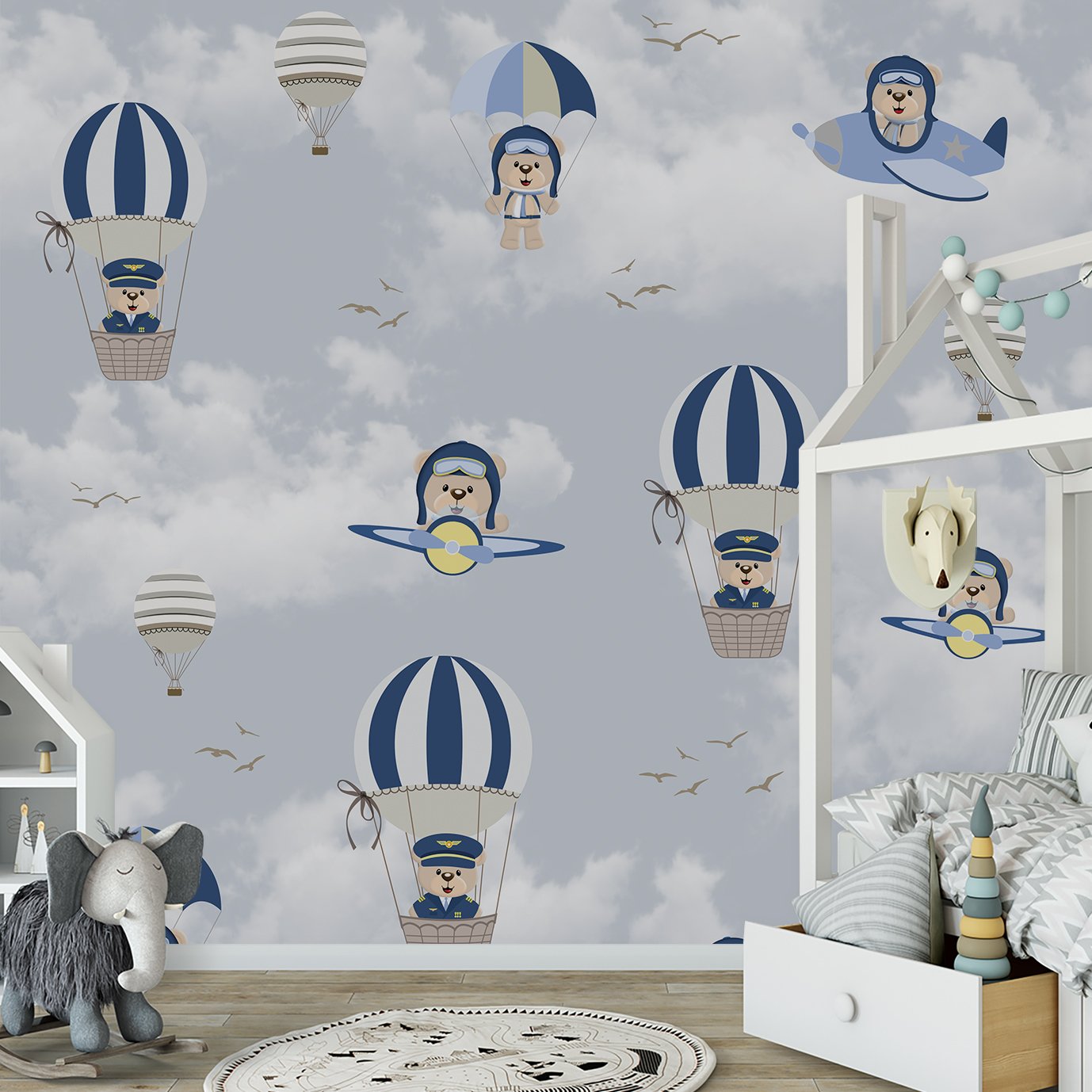 Papel de parede balão azul ursinho aviador infantil para quarto de bebê M² PP139 - 5