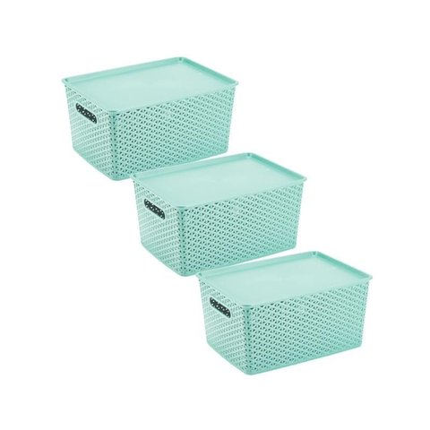 3 Caixas Organizadoras com Tampa Grande 15 Lts Rattan Verde