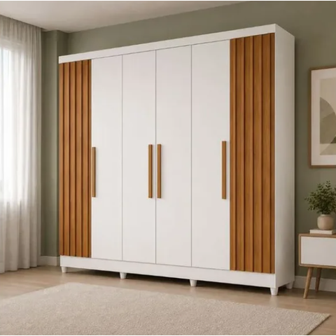 Guarda Roupa Casal Ripado 6 Pts c/ Pés Branco c/Naturale MDF Cabo Frio Bianchi