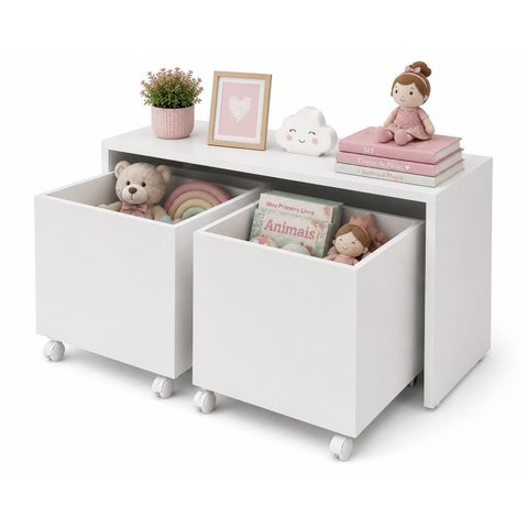 Mesa Infantil Organizadora com Baús e Rodízios Branco