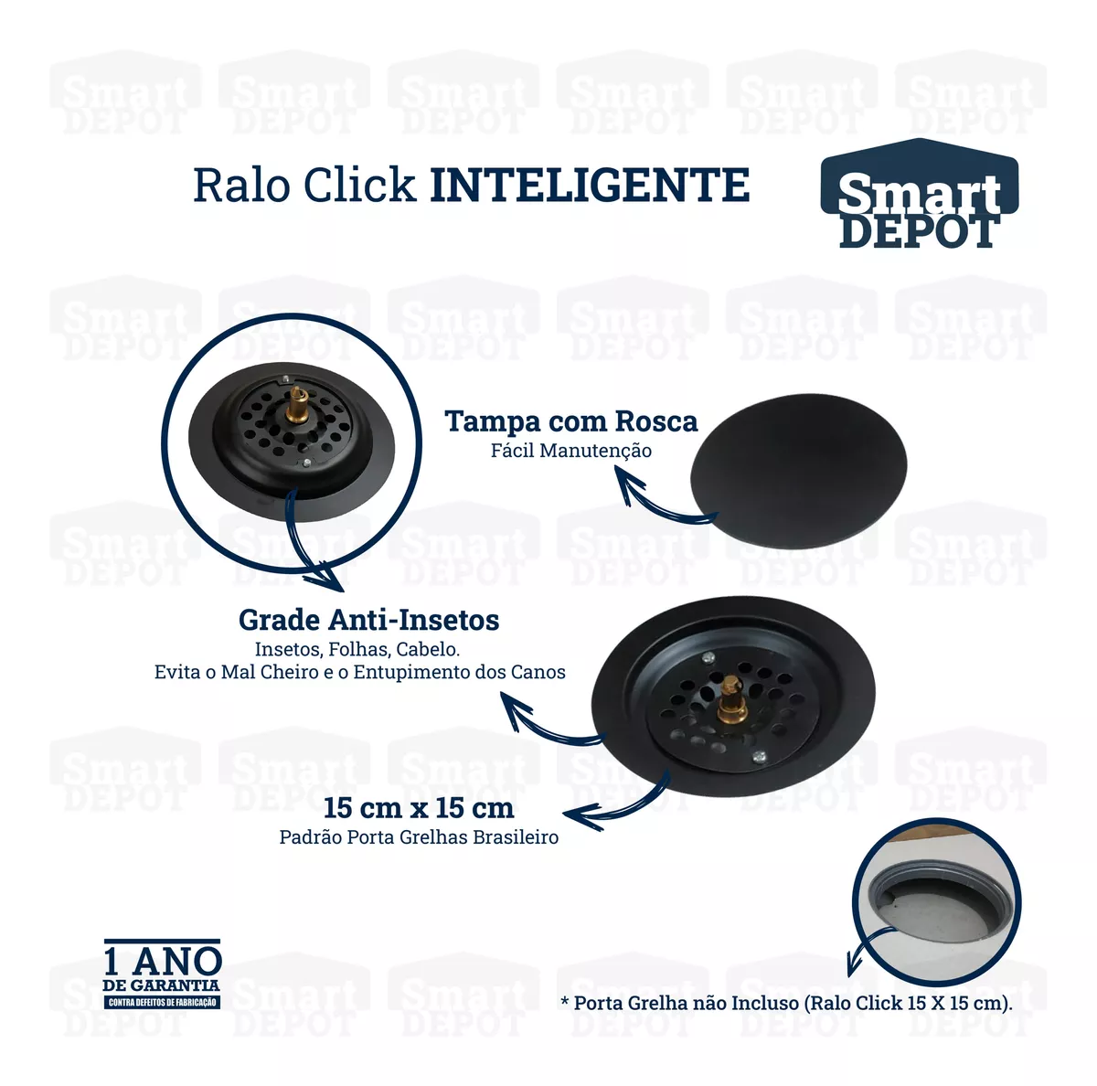 Ralo Click Redondo 15cm Smart Depot Ralo Inteligente Proteção contra Insetos Anti Odor Preto Fosco - 5