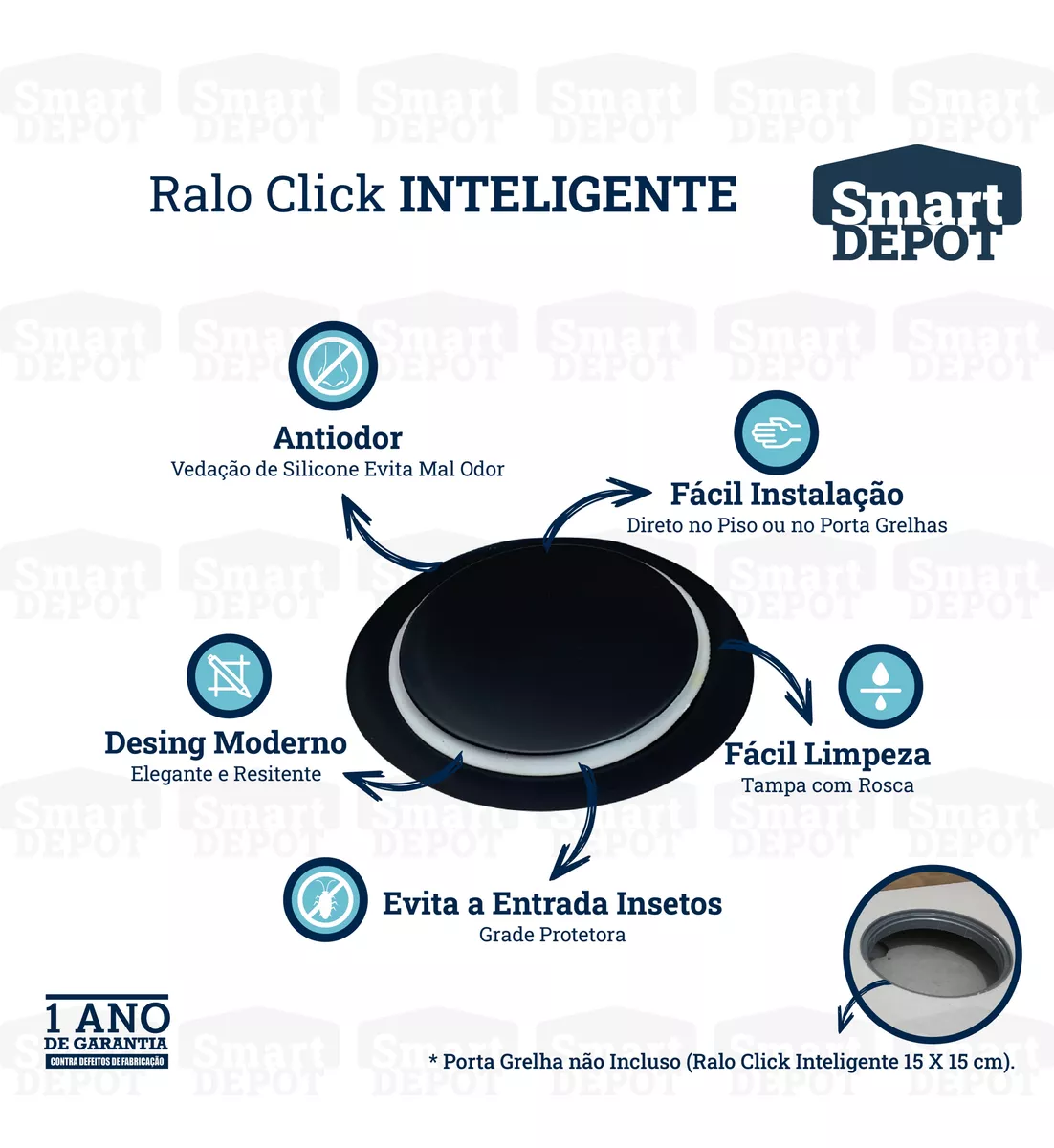 Ralo Click Redondo 15cm Smart Depot Ralo Inteligente Proteção contra Insetos Anti Odor Preto Fosco - 6