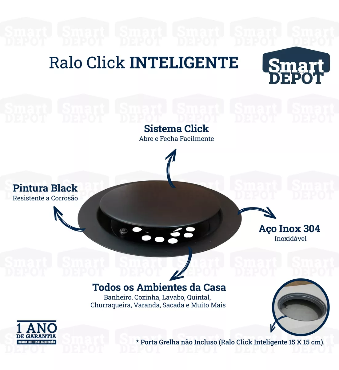 Ralo Click Redondo 15cm Smart Depot Ralo Inteligente Proteção contra Insetos Anti Odor Preto Fosco - 7
