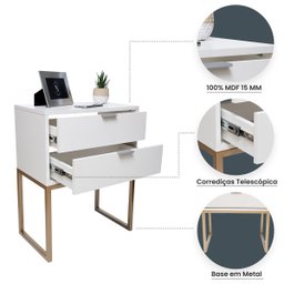 Mesa de Cabeceira Eco Industrial 40cm Branco 2 Gavetas Pés Ferro Dourado para Quarto Cama - 3
