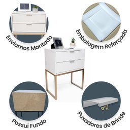 Mesa de Cabeceira Eco Industrial 40cm Branco 2 Gavetas Pés Ferro Dourado para Quarto Cama - 4