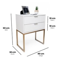Mesa de Cabeceira Eco Industrial 40cm Branco 2 Gavetas Pés Ferro Dourado para Quarto Cama - 2