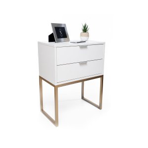 Mesa de Cabeceira Eco Industrial 40cm Branco 2 Gavetas Pés Ferro Dourado para Quarto Cama