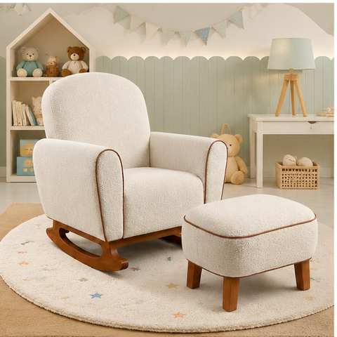 Poltrona Amamentação Nuvem Balanço + Puff Estofado Bouclé: Bouclé Bege