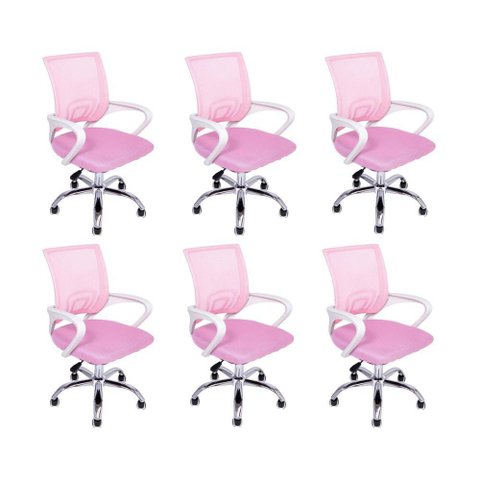 Kit 6 Cadeiras de Escritório Begonia Tela Mesh Ergonômico Rosa