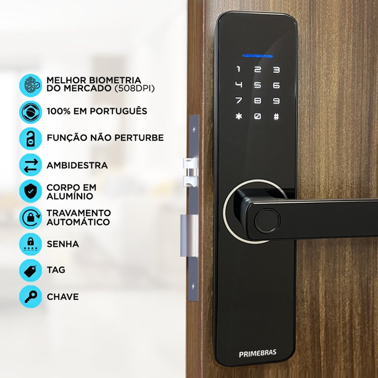 Fechadura Digital Biométrica Smart Primebras para Porta de Madeira