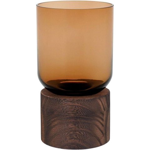 Mondello Vaso 18x10x10cm Vidro Âmbar Base Madeira