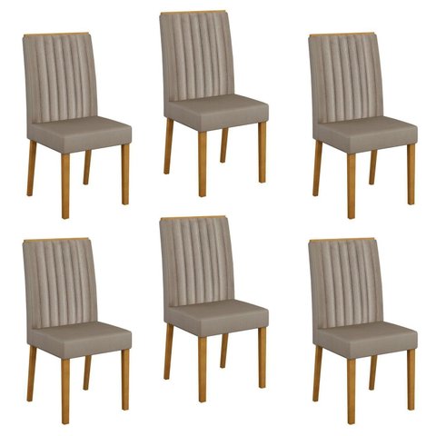 Kit 6 Cadeiras para Sala de Jantar Pés em Madeira Maciça Mari Cinza/Cinamomo/Linho Prata