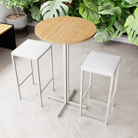 Conjunto Mesa Alta Bar Bistrô Redonda Pinus 2 Bancos Estofado Don Castro Decor