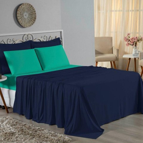 Jogo Cama Queen Nobre 4 Peças Lençol Elástico 30cm Altura 100% Algodão Azulmarinho Ja