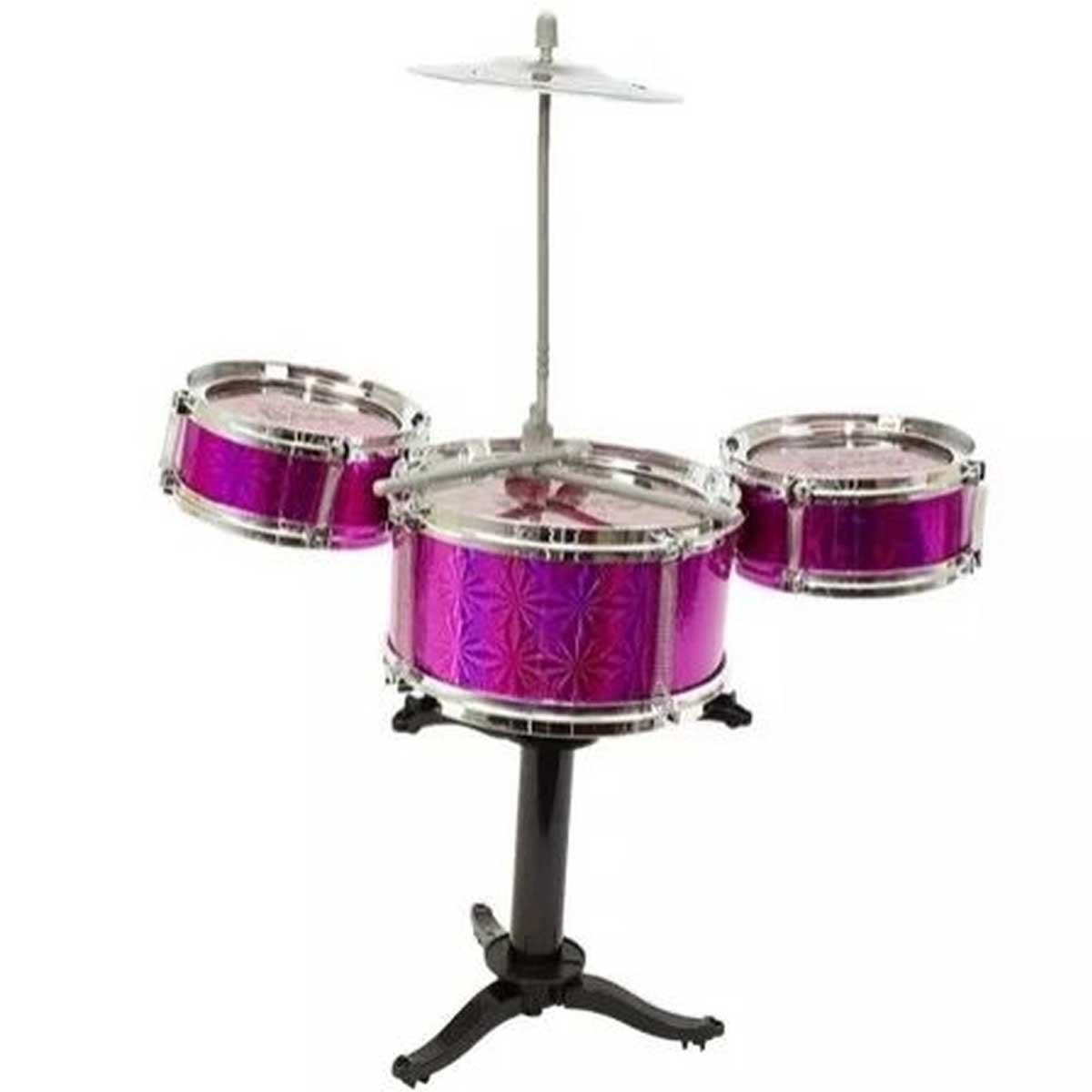 Mini bateria musical infantil 45cm 3 tambores plástico Rosa - 2