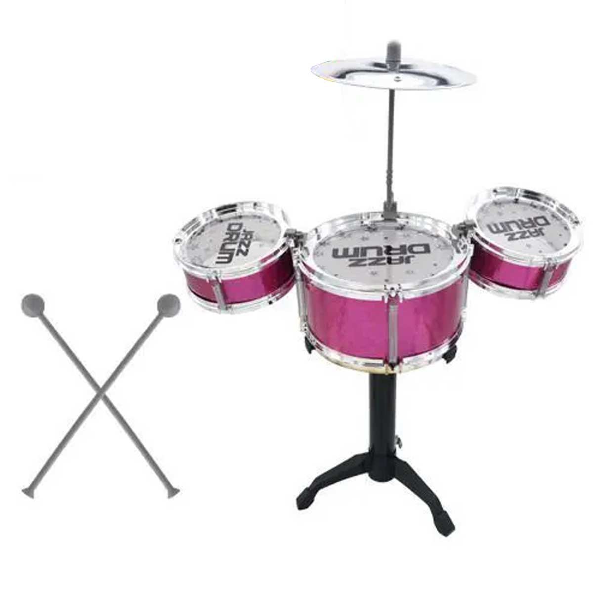 Mini bateria musical infantil 45cm 3 tambores plástico Rosa - 1