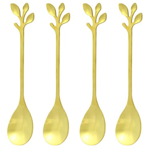 Colher Colherzinha Formato Folhas Aço Inox 4 Unidades:Dourado