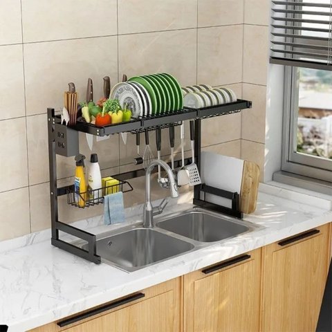 Organizador Cozinha Escorredor Louça 65cm Aço Inoxidável com Suporte Talheres Pratos Copos