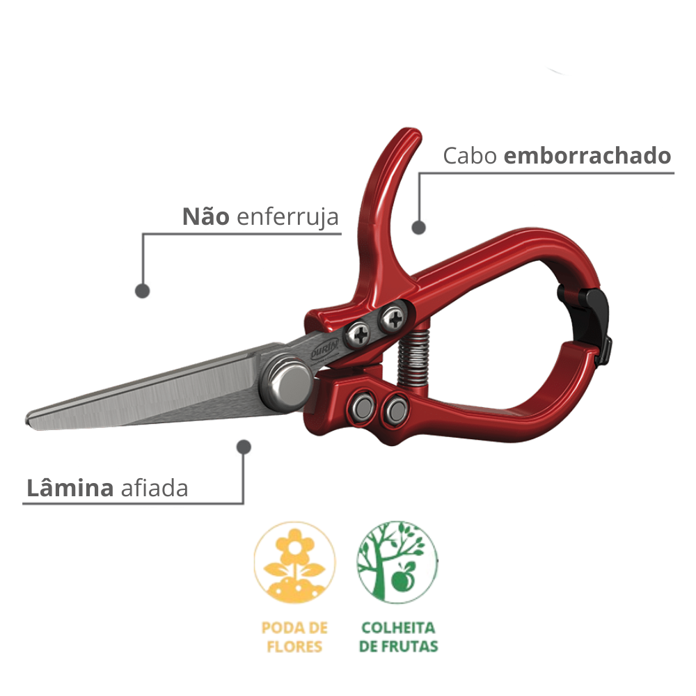 Tesoura de Poda Longa 6.1/2" Aço Inox Cabo Emborrachado Cor Vermelho Durín - 2