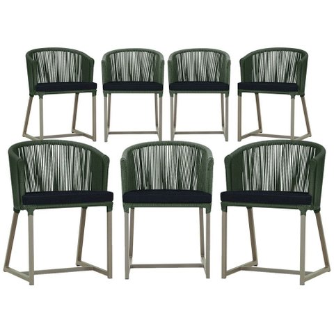 7 Cadeiras de Jantar Área Noronha em Alumínio com Pintura Fendi Corda Náutica Estofado 12 Trama Orig