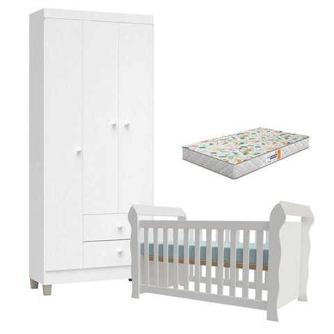 Berço Americano Lara com Colchão Gazin e Guarda Roupa Ternura Baby 3 Portas Branco Brilho Flex - Inc