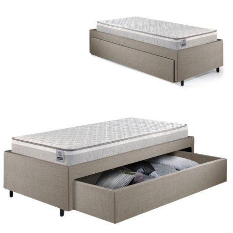 Base Box Cama Solteirão Sapateira Linho Bege e Colchão Hanover Inducol 96x203