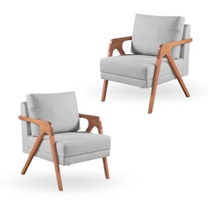 Kit 2 Poltronas Decorativa Mona Luxo Linho Cinza e Base Madeira Maciça - Saturno Decorações