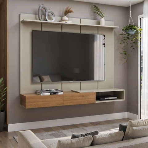 Painel Home para TV até 55 Polegadas Liso Ripado Ravello 160:Off White/Cinamomo