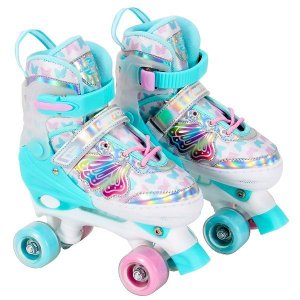 Patins Feminino Roller Infantil Azul Borboleta Kit Proteção Unitoys Tam 34-37