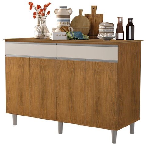 Balcão Buffet Plus. Alto 4 Portas + 2 Gavetas Puxadores em Alumínio Cor Nature com Off White Grande