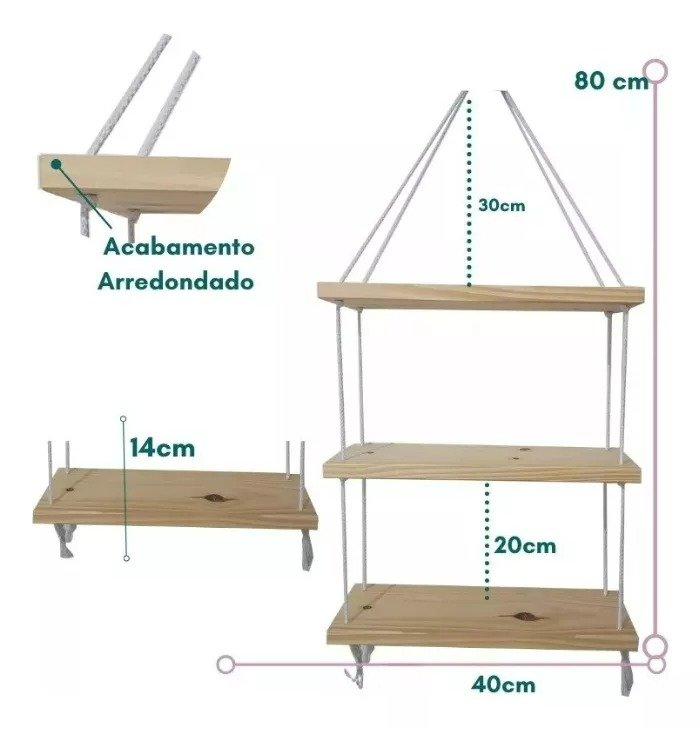 Prateleira Cordas Sisal Tripla Decorativa Vaso Plantas Pinus - 3