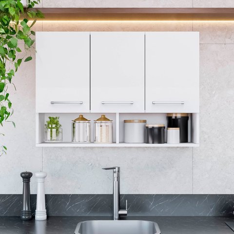 Armário de Parede Multiuso para Cozinha ou Lavanderia 3 Portas Branco