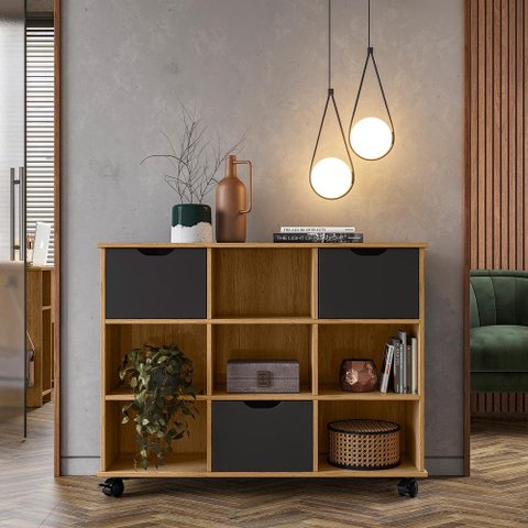 Nicho Organizador C/ Rodízios Freijó e 03 Gavetas Pretas Qmovi