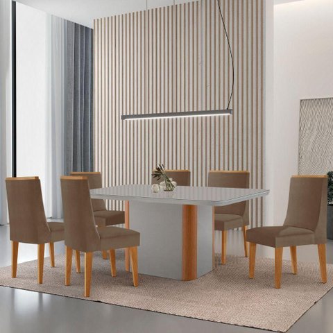Mesa de Jantar Isadora 180cm Tampo Mdf Vidro com 6 Cadeiras Veludo Capuccino Off White Naturale