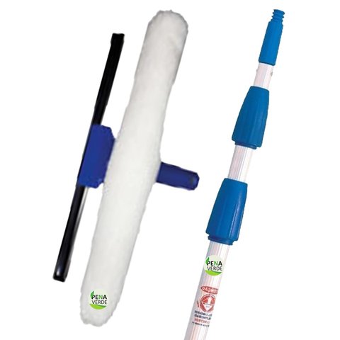 Kit Cabo 9 Metros 3 Estágios Telescópica Extensão + Rodo 35 Cm Combinado 2 em 1 para Limpeza de Vidr