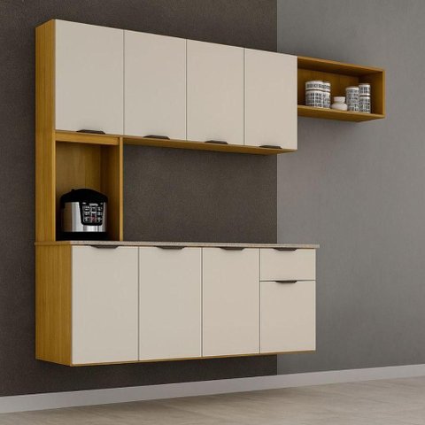 Armário de Cozinha Suspenso Completo Aéreo 8 Portas 1 Gaveta Mdp Compacto Espaço Off White