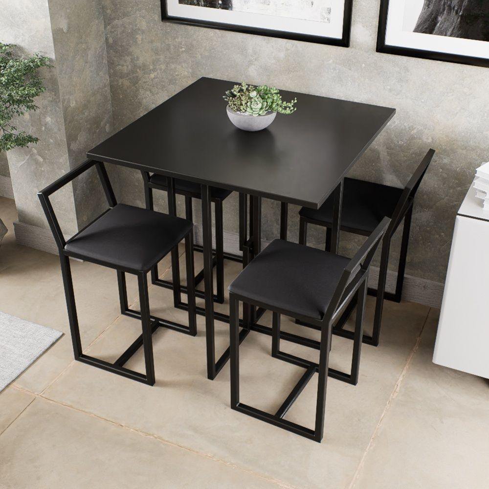 Conjunto Mesa Preta 4 Cadeiras Pequena Estofado Black Preto - 1