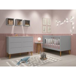Jogo de Quarto para Bebê Théo New Cinza Fosco com Madeira - Moveisaqui - 1 Jogo de Quarto para Bebê Théo New Cinza Fosco com Madeira - Moveisaqui - 1