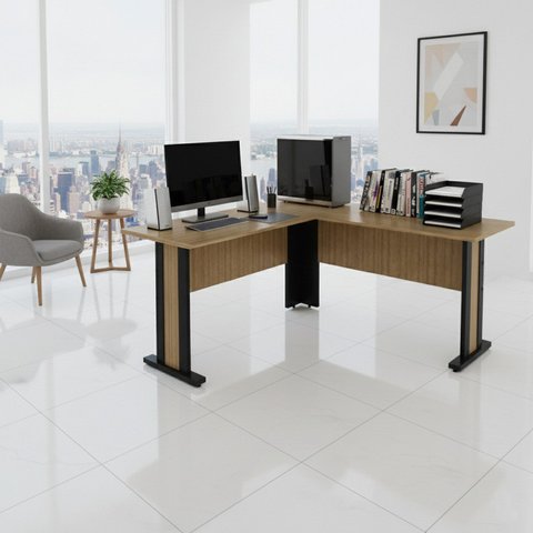Mesa de Canto para Escritório ou Atendimento 160cm Tampo Office Amêndoa e Preto Marrom