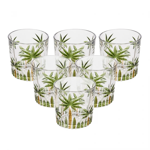 Jogo 6 Copos Baixo Palm Tree Handpaint 340ml Cristal