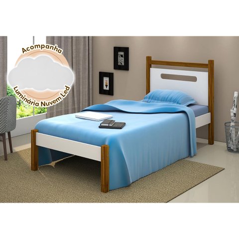 Cama de Solteiro Design Eloa Branco com Amêndoa Acompanha Luminária Led