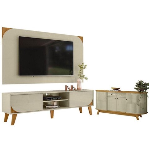 Rack Bancada e Painel para Tv Duna com Aparador para Sala Buffet Mônaco Cumaru Opala - Madetec