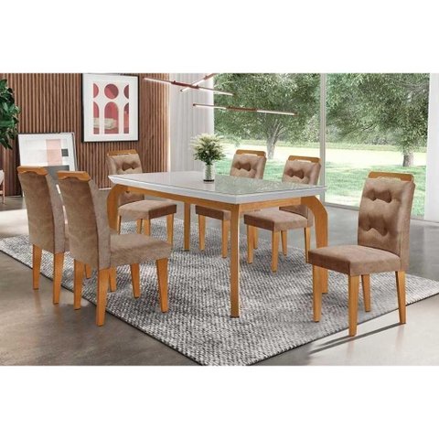 Sala de Jantar Completa Londrina C- Tampo Madeirado Vidro Canto Curvo 180x90cm e 6 Cadeiras