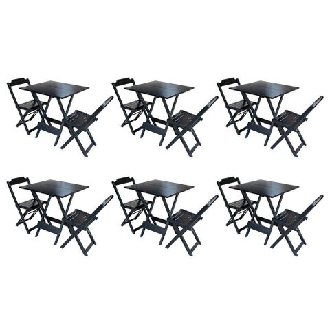 Kit 6 Jogos de Mesa Dobravel com 2 Cadeiras de Madeira 70x70 Ideal para Bar e Restaurante - Preto