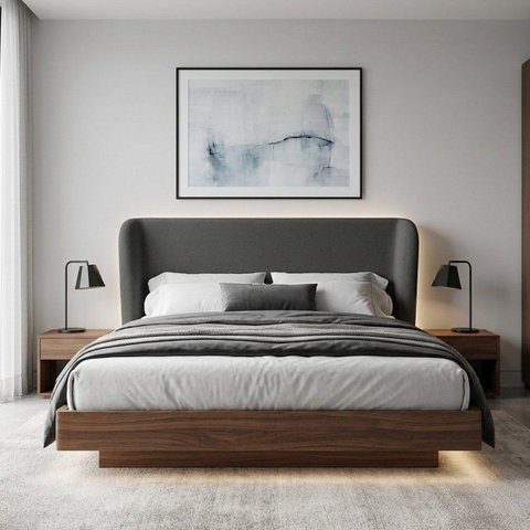 Cabeceira Cama Box Casal Estofada Ravena Cinza com Sapatas Plásticas Linha Premium Design Soft Curve