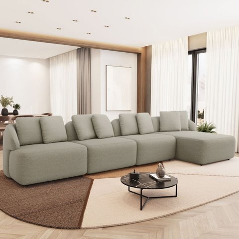 Sofá 5 Lugares com Chaise Direito Sala Living 328cm Arlo F04 Linho Bege - Lyam Decor