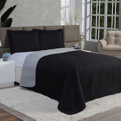 Kit Cobre Leito Royals  Dupla Face Casal Queen 03 peças  Preto/Cinza