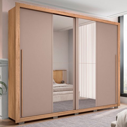 Guarda-roupa Casal Praticus Lux 2 Portas 4 Gavetas com Espelho 100% Mdf Buriti/fendi - Caemmun