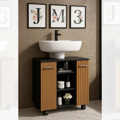 Gabinete com Duas Portas para Banheiro Rodízios Premium - Preto/ripado