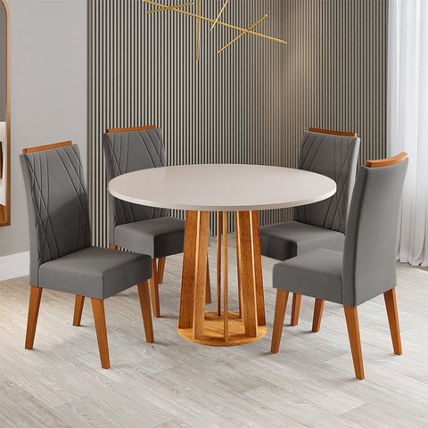 Conjunto Sala de Jantar 4 Lugares Redondo Tampo de MDF Mirelle Yescasa Cinza/Mel/Blonde